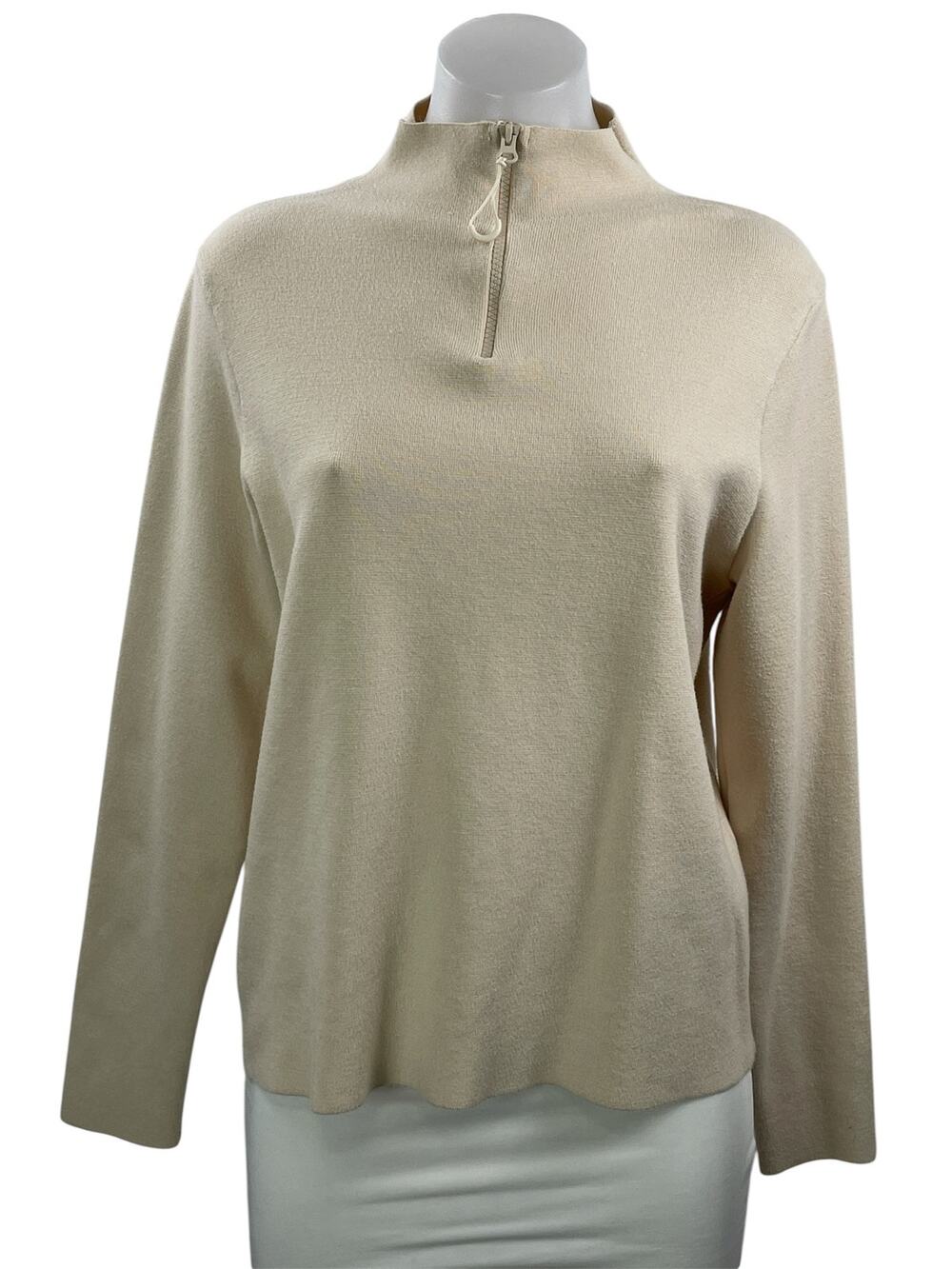 MNG Mango Women's Beige Knit Mock Neck 1/4 Zip Long Sleeve Sweater Top Size XL